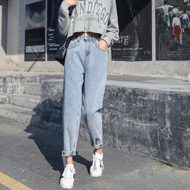 Jeans de mujer otoño 2019 moda Coreana para dama, cintura suelta, pantalón holgado recto con recortes|Pantalones vaqueros| - AliExpress