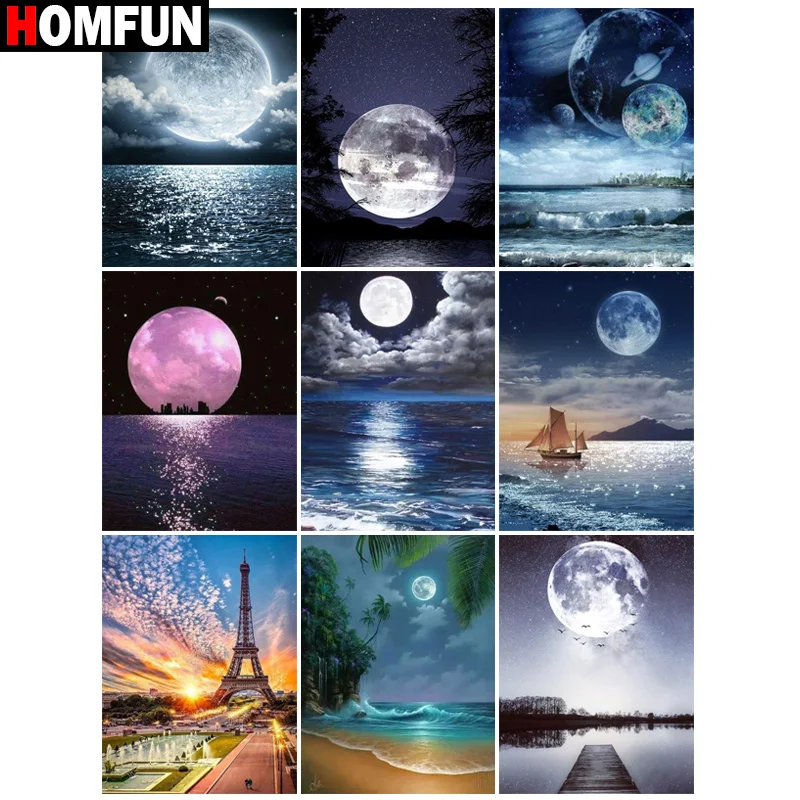 HOMFUN Full Square/Round Drill 5D DIY Diamond Painting &quotNight seascape moon tower&quot 3D Embroidery Cross Stitch Home Decor | Дом и сад