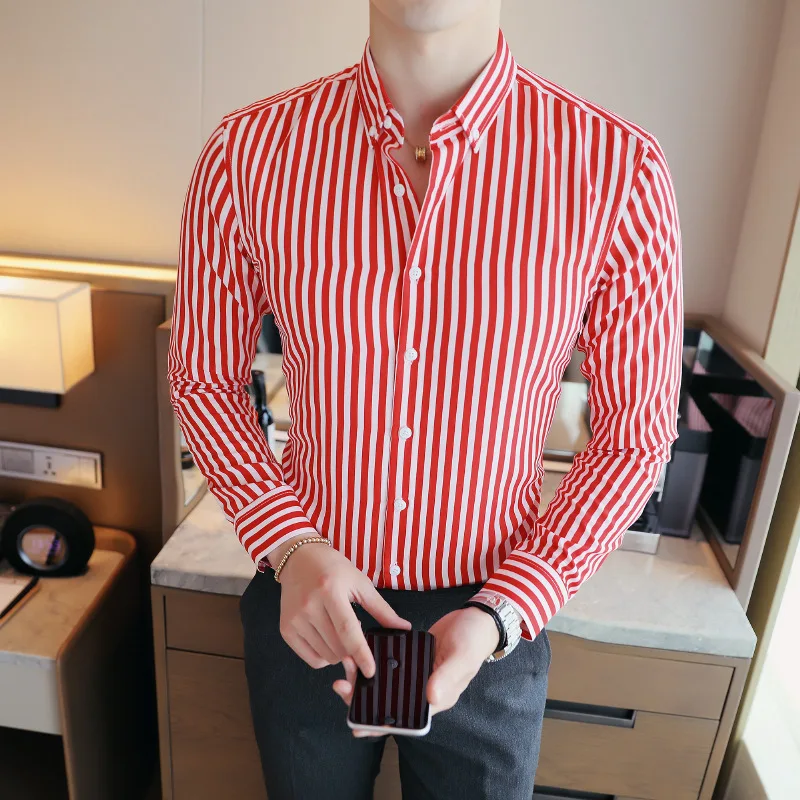 

Men Slim Fit Striped Shirts Korean Style Red Black Blue Navy