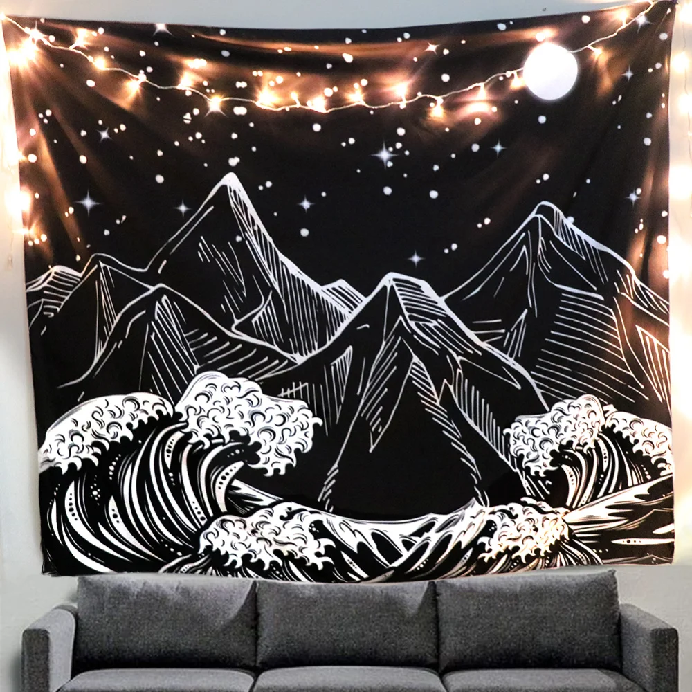 

150x130cm Night Mountain Wave Tapestry Wall Hanging Hippie Wall Cloth Boho Decor Psychedelic Tapestry Backdrop Throw Wall Carpet