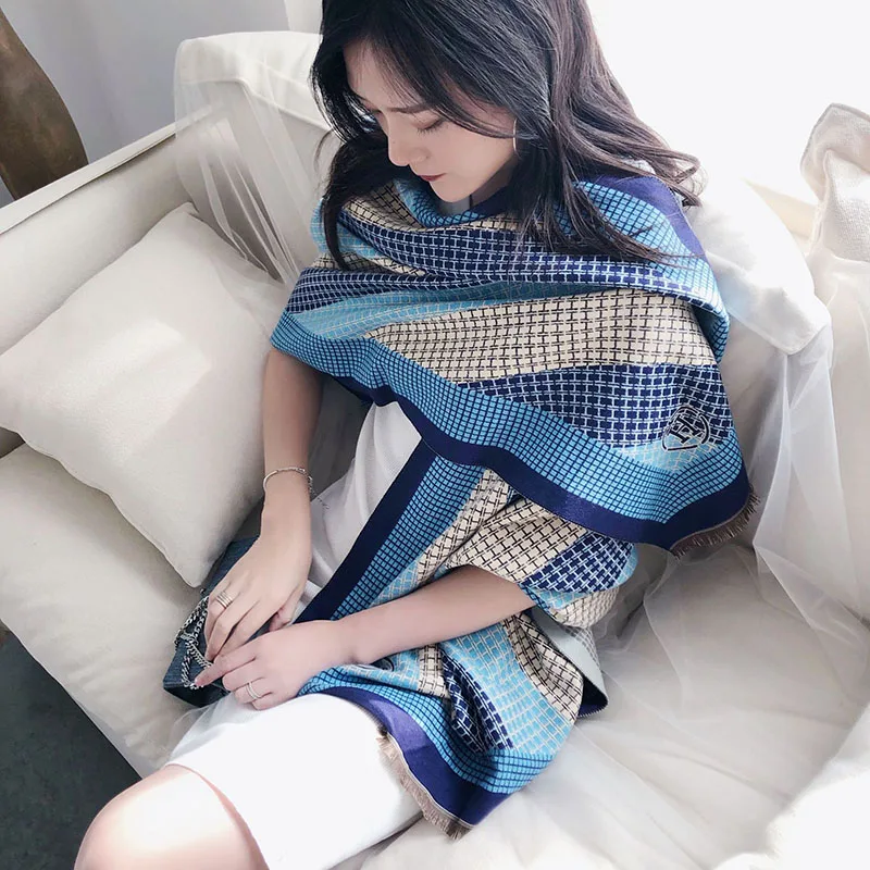 Осенне-зимний модный клетчатый шарф теплый кашемировый шарф Женская воздушная уютная шаль длинный палантин - Цвет: blue