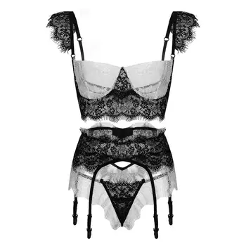 

Women Underwear Plus Size Sexy Splice Lace Lingerie Set Wireless Bra With Garter Thong Underwear komplet bielizny damskiej W#