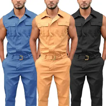 

Men Stylish Jumpsuit Overall Sleeveless Pockets Wasit Belt Zipper Work Clothes