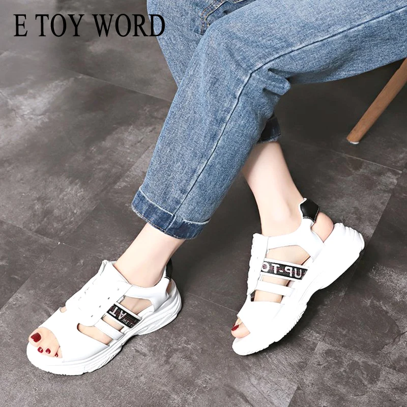 

E TOY WORD Summer thick bottom Sandals Women flat heel shoes Female lace up Leather Casual Summer breathable beach sandals