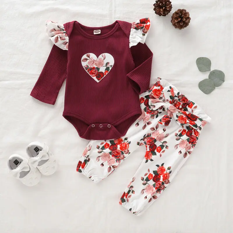 Комплект из 2 предметов для новорожденных и маленьких девочек, комбинезон с цветочным рисунком, боди+ длинные штаны, одежда