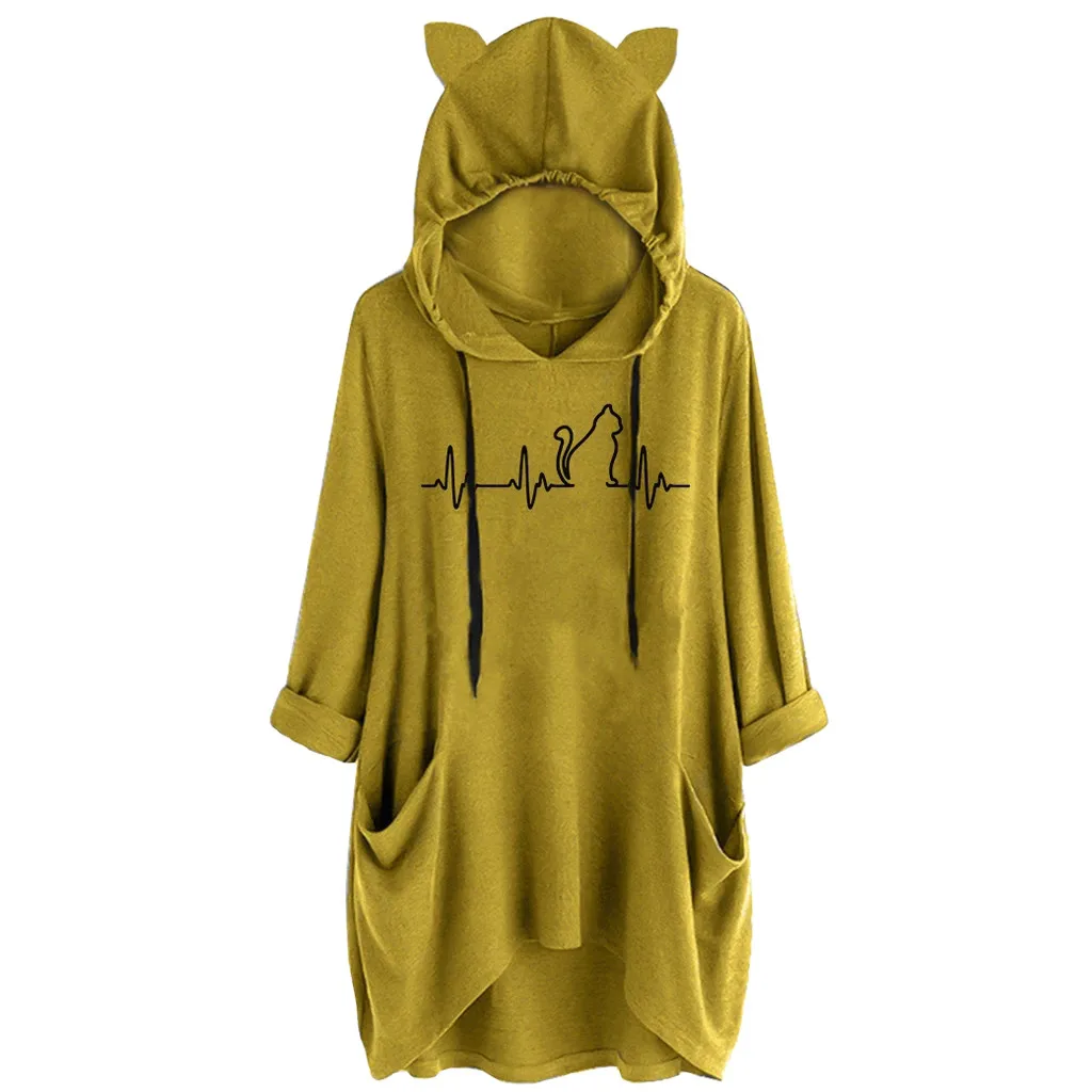 2019 плюс размер Осенняя модная блуза с карманом и принтом кота Повседневная