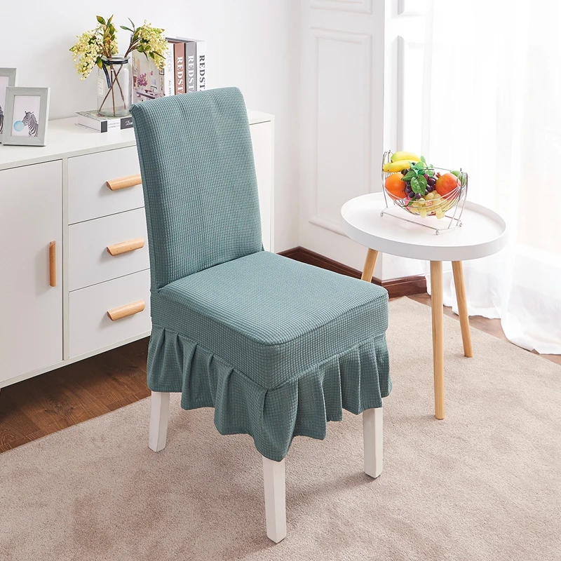 green with skirt Клетчатый утолщенный эластичный чехол на стул для обеденного стула, растягивающийся гофрированный чехол для кухни, защитные чехлы на стулья из спандекса для банкета - Цвет: green with skirt