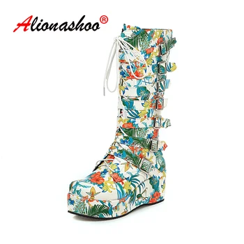 

Boots Women Round Toe Print Flower Boots Buckle Strap Pu Leather Mid Calf Boots Women Botines Luxury Botas Mujer Plus Size 34-46