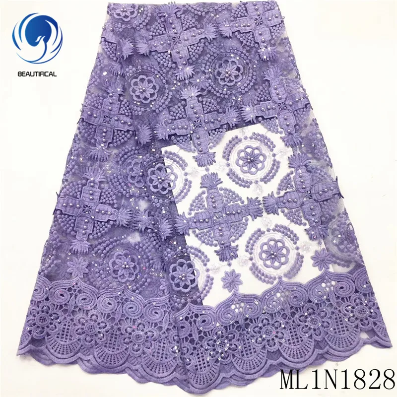 

BEAUTIFICAL African lace fabrics Latest style embroidery beads tulle lace fabric with sequins nigerian lace 5yards ML1N1828