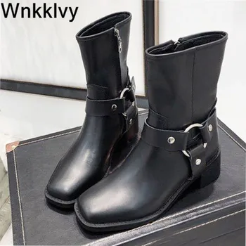 

Women chunky mid heel motorcycle boots spaure toe real laeather metal belt buckle ankle botas winter short boots 2020
