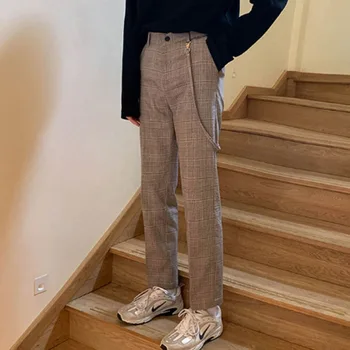 

Homem streetwear japão coreia estilo casual xadrez pant masculino vintage moda calças em linha reta terno tornozelo-comprimento