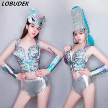 Женский костюм для бара DS, сексуальный костюм для ночного клуба, DJ, певец, серебряный бандажный с заклепками, маска бикини, одежда для сцены, танцевальный костюм для джазовой команды