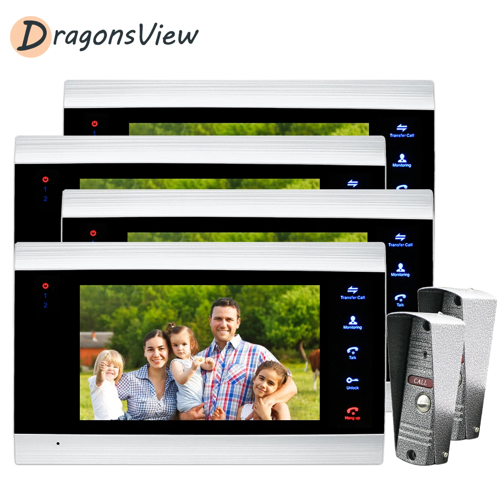Dragonsview Video Door Intercom System 7 Inch 1200TVL Wired Phone with Motion Detection 4 Indoor Monitors 2 Doorbell Camera |