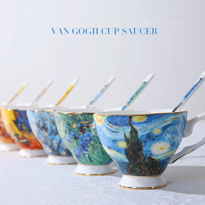 Van Gogh Painting Bone China Ceramic Coffee Cups with Spoon and Tray Coffeeware Sets