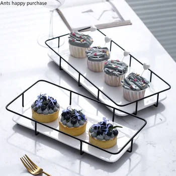 

Ceramics White Rectangula Iron Art Snack Tray Exhibition Hall Display Shelf Cake Stand Cosmetic Jewelry Sundries Storage Boxes