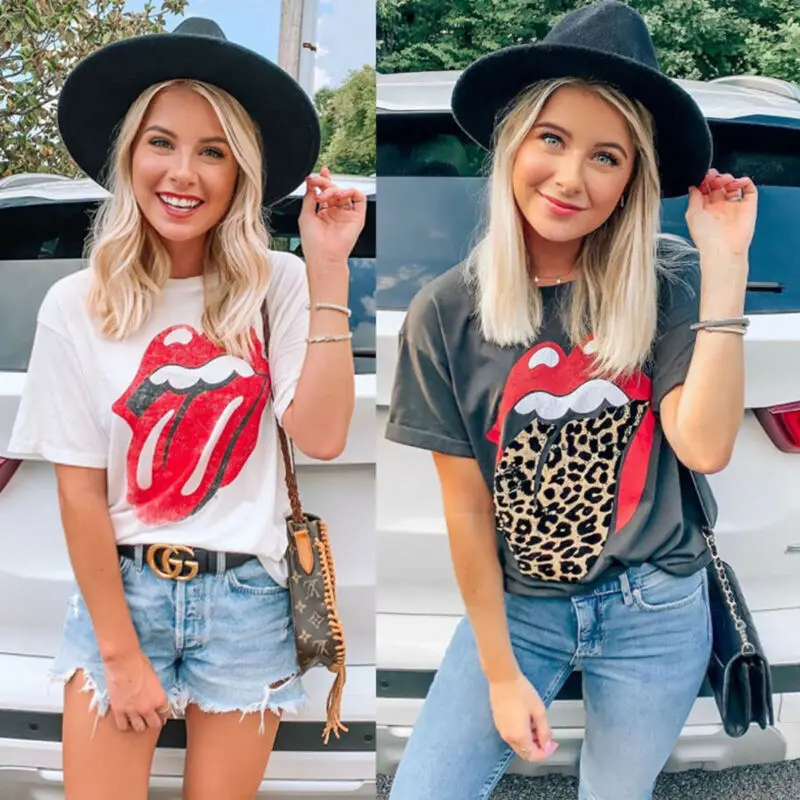 

Women Letter Leopard Print T-Shirts Summer Casual Short Sleeve Tops Tee O Neck Casual Loose Womens Black White tshirt Femme