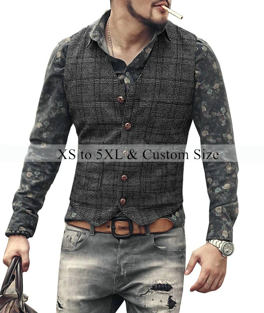 Tailored Mens Suit Vests Men Black Waistcoat Man Plaid Steampunk Jacket Striped Tweed V Neck Slim Fit Gilet Wedding Clothing