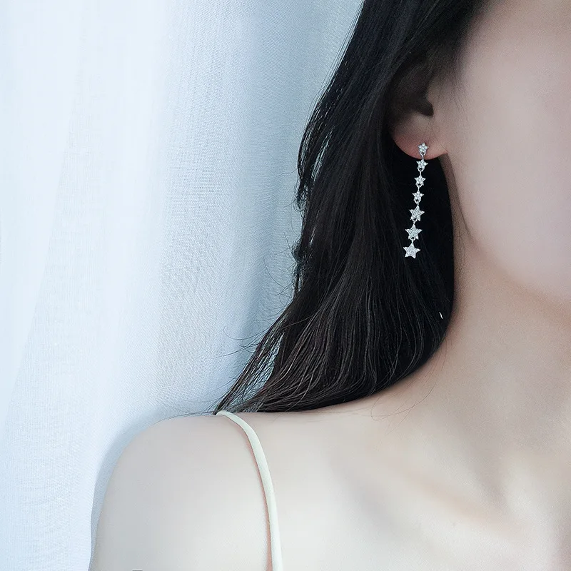 High-quality S925 Sterling Silver Star tassels. Asymmetric pentagonal Earrings