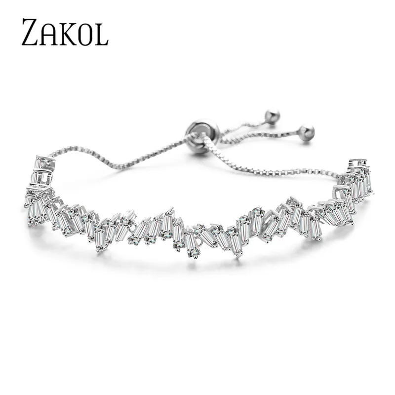 ZAKOL Модный Блестящий AAA кубический циркон багет Регулируемая цепочка браслет и