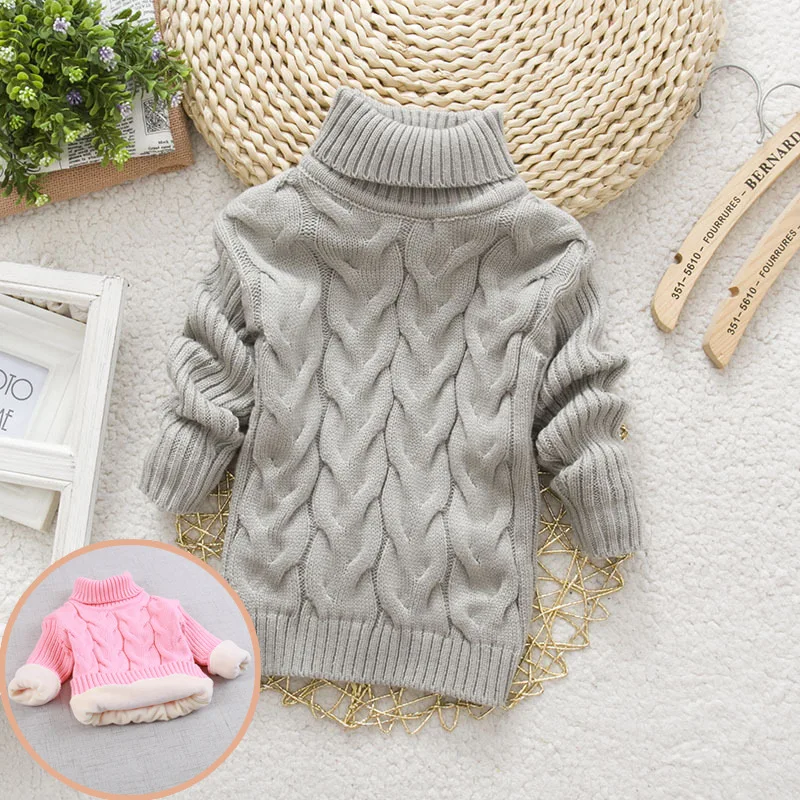 plush gray A Детский свитер; зимний теплый свитер с плюшевой подкладкой; Однотонный вязаный пуловер с высоким воротником для мальчиков и девочек; Рождественский свитер; верхняя одежда - Цвет: plush gray A