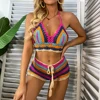 Crochet Bikini Sets Multi Color Knitted Rainbow Striped Off Shoulder Top + Bottom Bikini Beachwear Bathing Suit Women Swimsuit 1