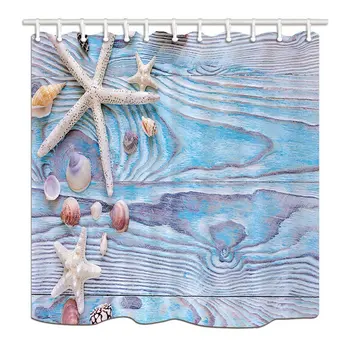 

Nautical Summer Sea Shower Curtains for Bathroom, Shells Star on Turquoise Wooden,Polyester Fabric Waterproof Bath Curtain,