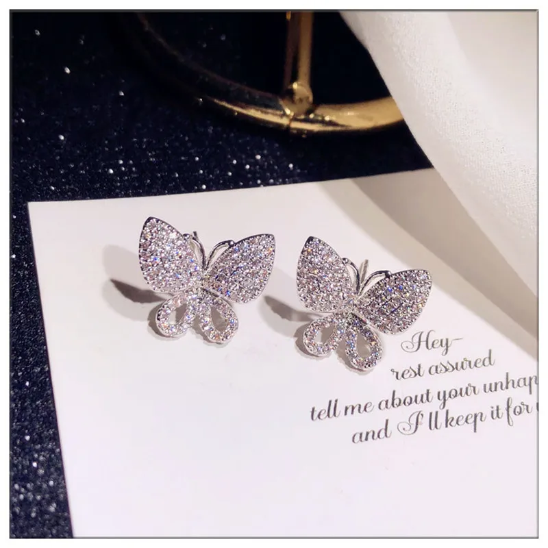 S925 Sterling Silver Needles Fine Jewelry Stud Earrings For Women Butterfly Cubic Zirconia Elegant Temperament Fine Jewelry