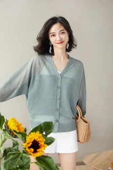 

New ladies solid color loose five-point sleeve button knit cardigan gray