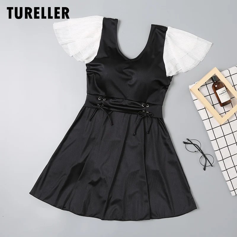 

Swimsuit Female One Piece Push Up Swimwear Plus Size M-5XL Gather Breast Short Sleeve Black Skirt Bathing Suit Swim Dress Bather