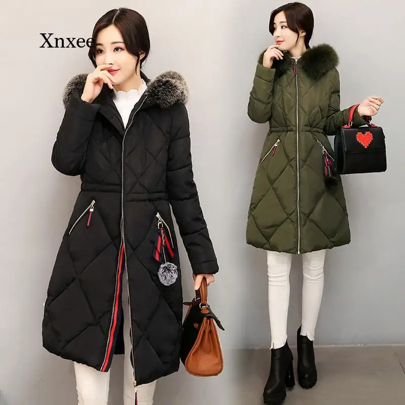 

Winter Warm Slim Jacket Down Cotton Coat Women New Elegant Mid-Length Hooded Fur Collar Outerwear Loose Thicken Female Coats