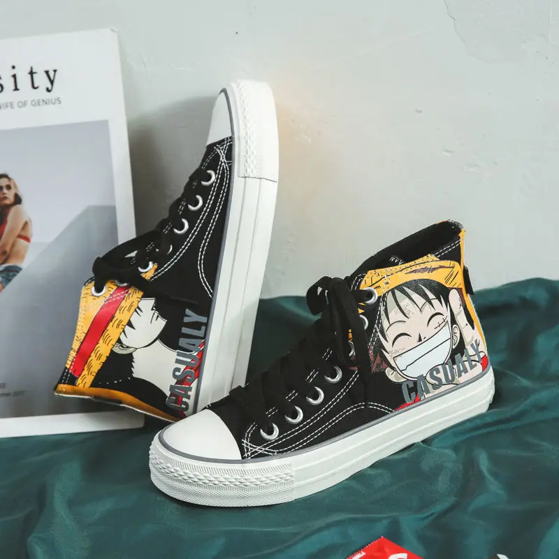 One Piece Shoes - Luffy Canvas High Top Unisex Black And White