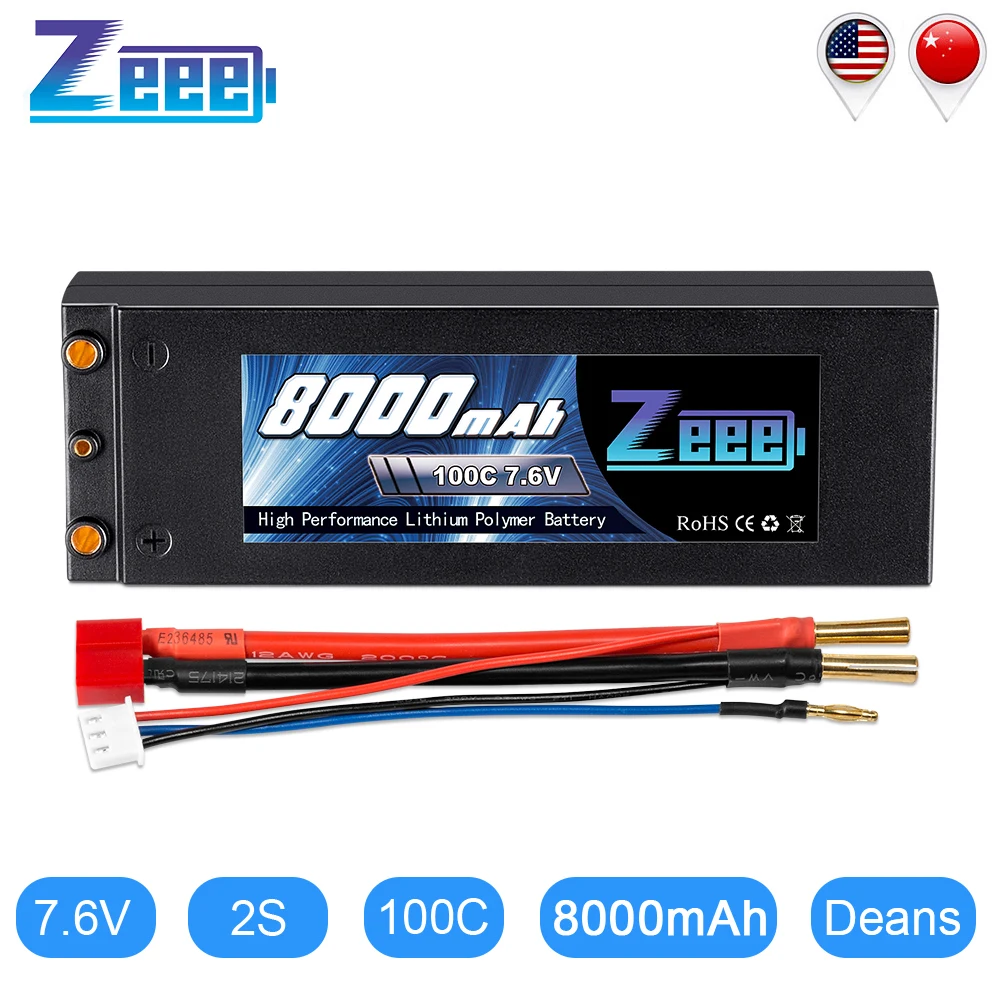 Zeee 7.6V 8000mAh 100C Lipo Battery Hard Case RC Car Charger with 4mm Bullet Deans Plug for Truck Buggy | Игрушки и хобби