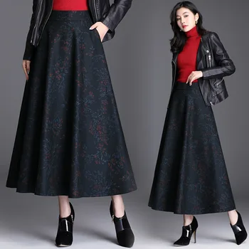 

2019 Woolen Long Skirt Female Autumn Winter Large Size High Waist A-line Skirt Thickened Women Mid-length Skirt