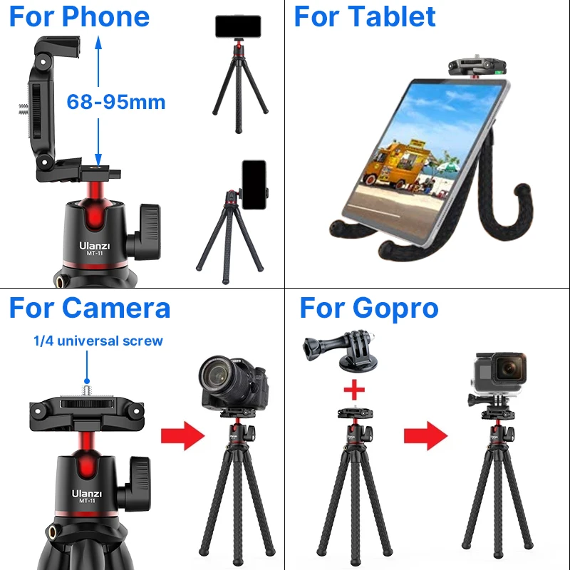 Phone Tripod Mini Tripod Flexible Phone Tripod Camera Tripod Camera Selfie Stick Selfie Stick Ulanzi MT-11 Flexible Octopus Mini Tripod For iPhone Smartphone DSLR SLR Camera Gopro Vlog Portable 2 in 1 Selfie Stick Tripod