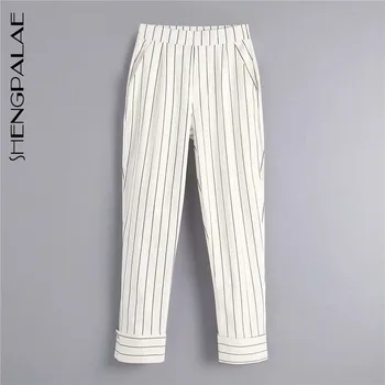 

SHENGPALAE 2020 New Summer High Waist Striped Women's Office Ladies Loose Slimming Casual Straight Button Suit Pants ZA3894