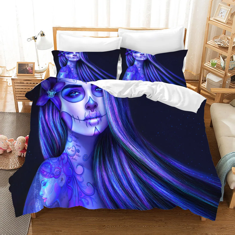 

High Quality 3D Printed Makeup Skull Pattern Duvet Cover with Pillow Cover Super Soft and Comfy Bedding Set for Bedroom Decor