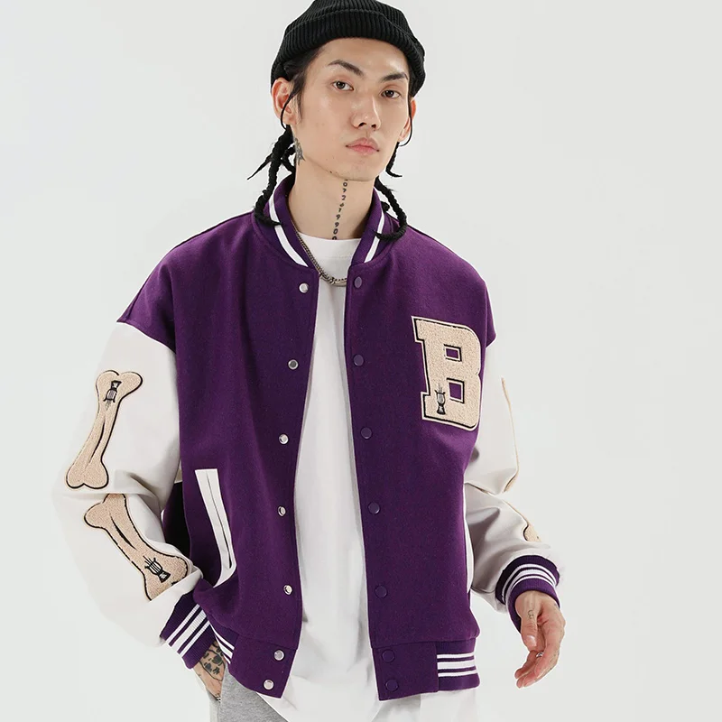 Aolamegs Furry Bone Letter Patch Color Block Patchwork 3 color Optional Harajuku College Style Bomber Jacket Men Baseball Coats