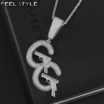 

Hip Hop Gun Double C letter Baguette Stones Pistol Shape Cubic Zircon Solid Back Necklaces & Pendants For Men Charm Jewelry