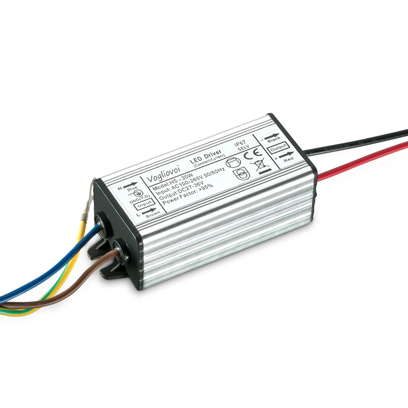 Vogliovoi Led Driver 30W DC24-36V AC100-260V Silver Aluminum Waterproof IP65 For Floodlight HighBay Blub DIY |