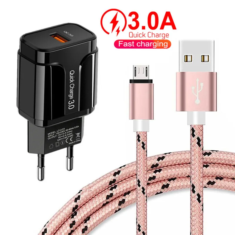 18W QC3.0 Quick Charger Plug Adapter Micro usb Charge Cable For Samsung A10 ZTE Blade A3 A5 A7 V7 V9 ASUS Zenfone Max M2 ZB633KL 65w fast charger Chargers