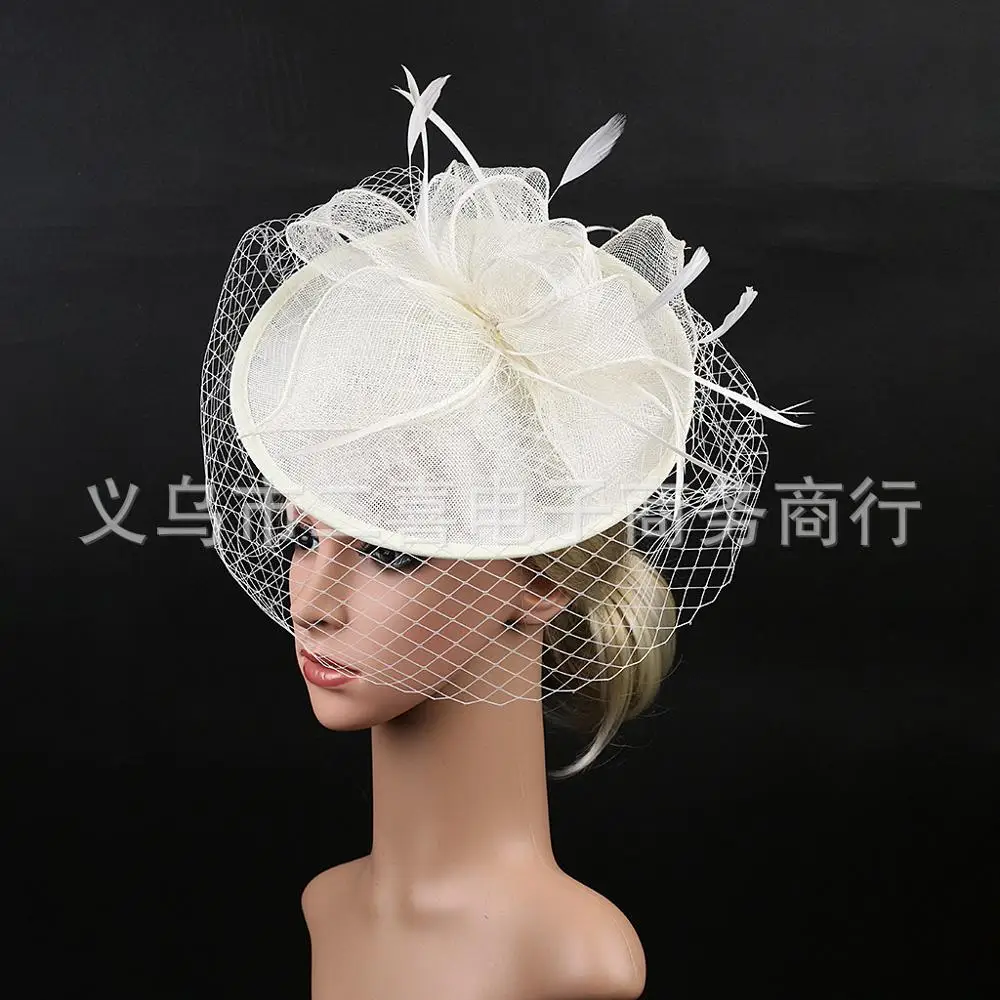 Picture color Аксессуары для невесты Jockey Gorro Королевский синий женские вечерние шапки с перьями льняная Свадебная шляпка с лицевая вуаль SQN047 - Цвет: Picture color