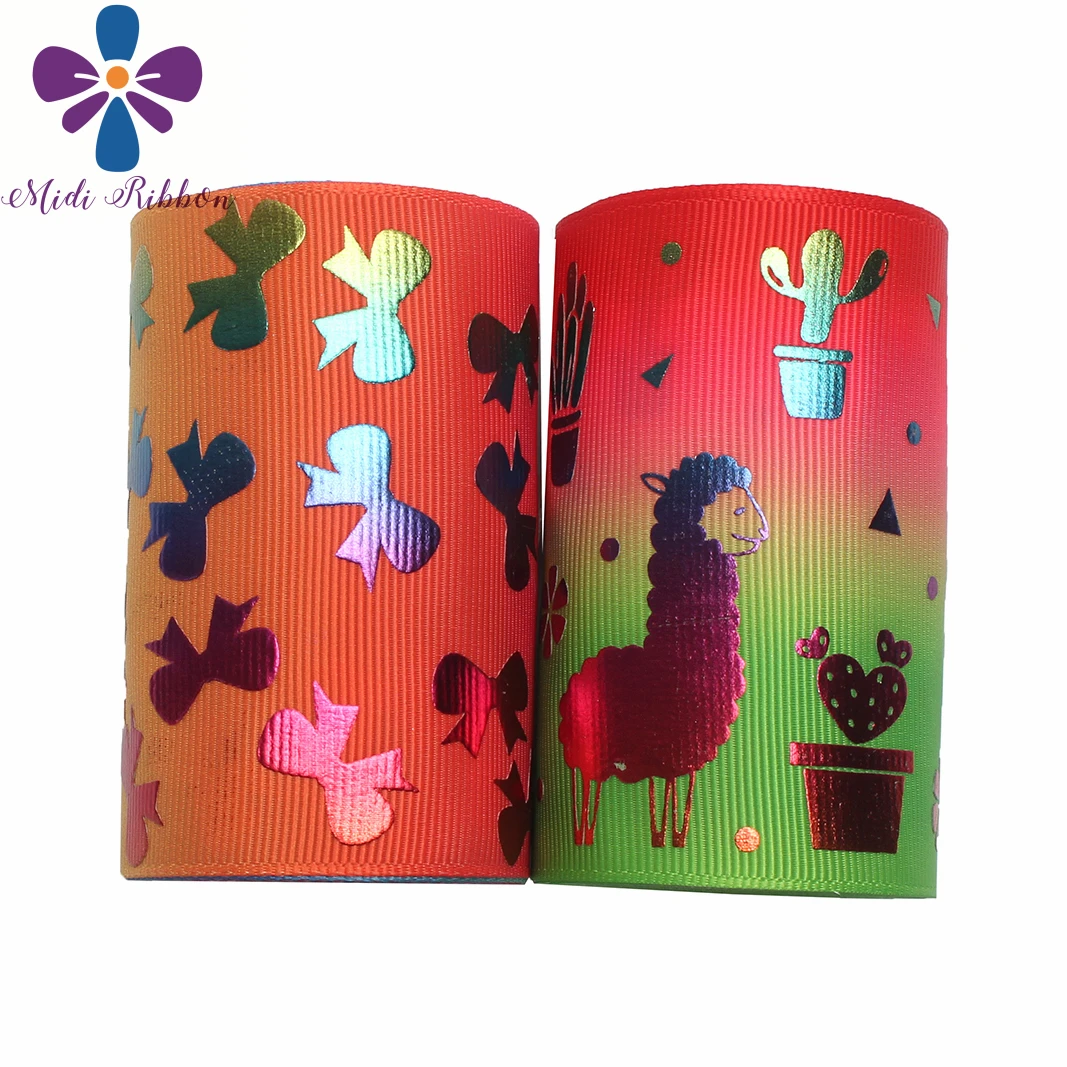 

3"75mm Cartoon Alpaca Cactus Flower Bowknots Rainbow Foil Gradient Color Printed Grosgrain Ribbon DIY Hair Bows 50yards/roll