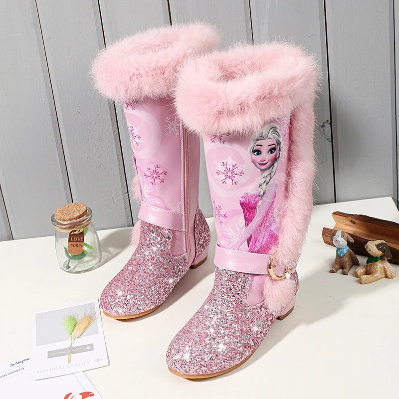 JUSTSL/детская обувь; модные ботинки принцессы с героями мультфильмов; качественные кожаные сапоги до колена с блестками; теплые сапоги из натуральной шерсти для девочек - Цвет: Розовый