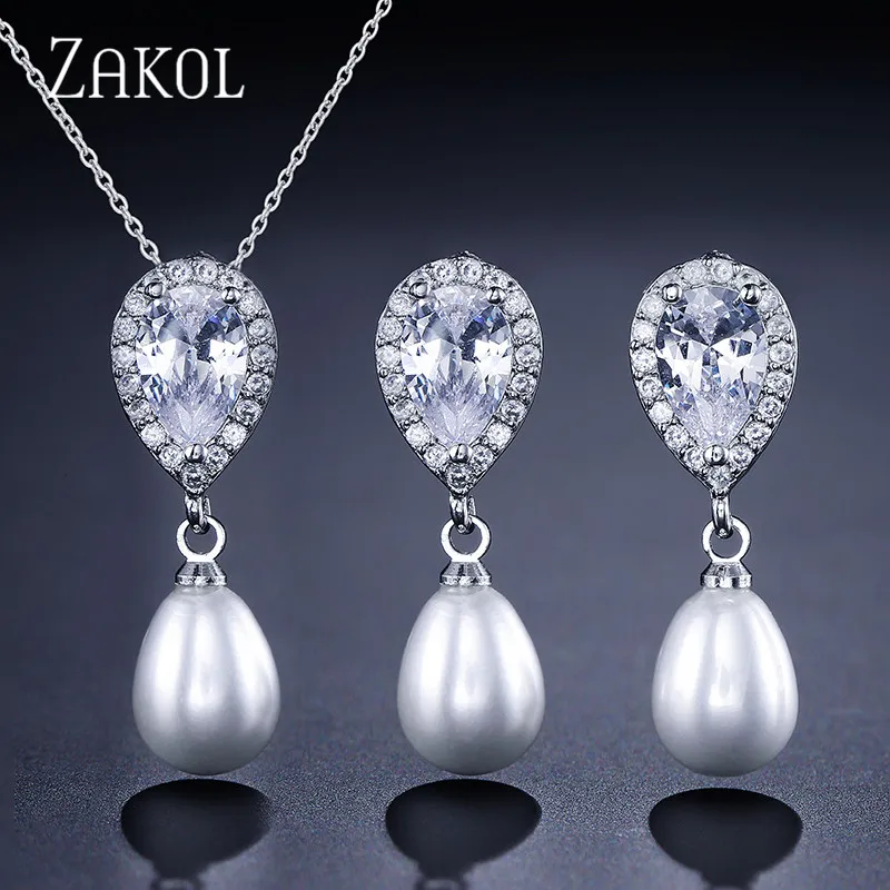 White Set ZAKOL изысканный белый цвет Комплект украшений из искусственного жемчуга модные серьги с кубическим цирконием набор для женщин вечерние FSSP323 - Окраска металла: White Set