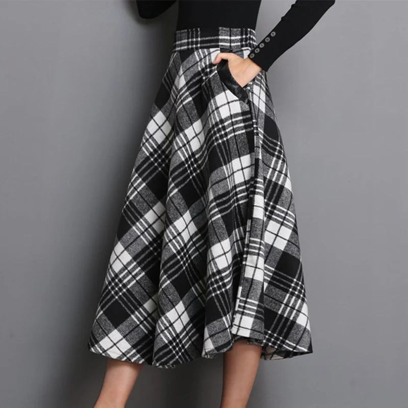 High Waist A Line Women Long Skirt Plus Size 4XL England Plaid Woolen Ladies Skirts Woolen Pleated Tartan Female Bottom