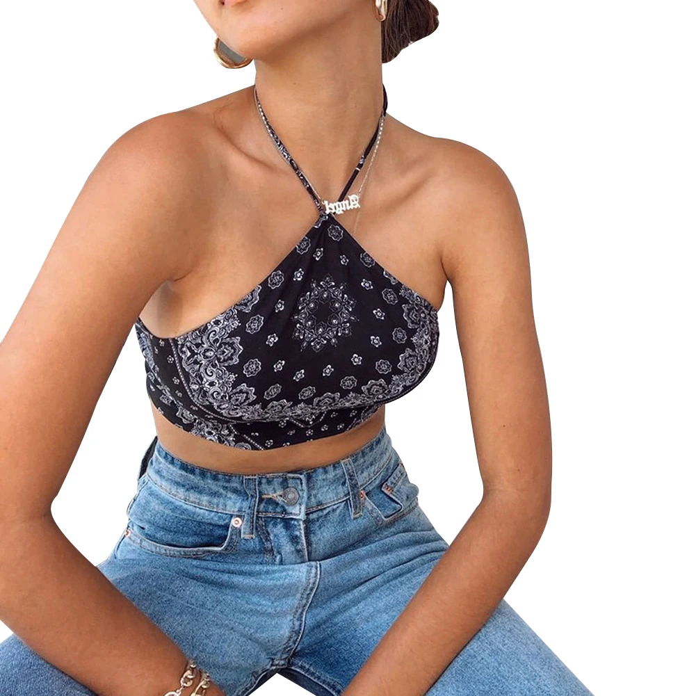 

Womens Summer Sexy Vintage Printing Camisole Ladies Fashion Halter Streetwear Exposed Navel Backless Casual Style Tube Top