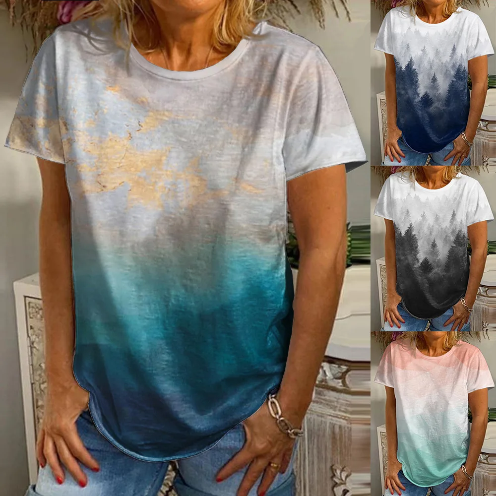 Fashion Women's Colorful Gradient Landscape Printing Round Neck Short-sleeved Shirt Casual Loose Oversized T-shirt S-5XL