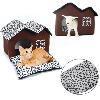 

Autumn and winter new pet spot double roof house dog's nest foldable pet winter cat's nest house Kennel Sleeping Bed Super Soft