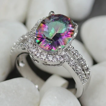 

SHUNXUNZE Hyperbole Engagement Wedding rings jewelry for women Rainbow and White Cubic Zirconia Rhodium Plated R775 size 6 7 8 9
