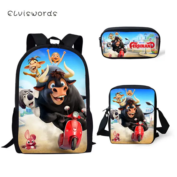 Модный детский рюкзак ELVISWORDS, комплект из 3 предметов, школьные сумки с узором Ferdinand, рюкзак для школьников Kawaii Animal, рюкзак/сумки с откидным клапаном/пеналы для ручек - Цвет: CDWX767CEK